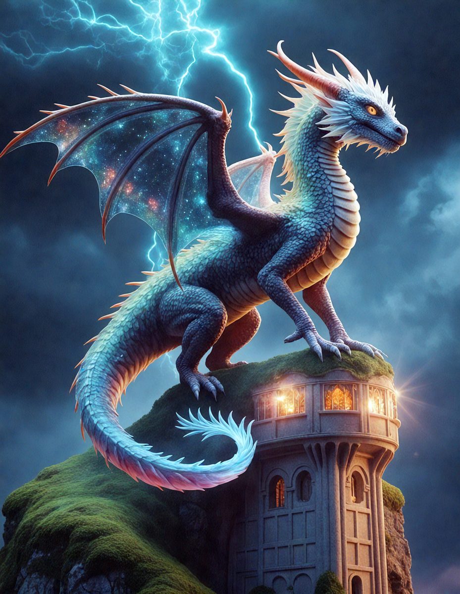 The primary subject of the image is a blue dragon with a lightning bolt on its head, sitting on top of a grassy hill. The setting is a dark, cloudy sky, which adds to the overall mood of the scene. The visual style of the image is digital art, as it appears to be a computer-generated or digitally rendered image. The dominant colors are blue and green, with the blue dragon being the main focus of the image.